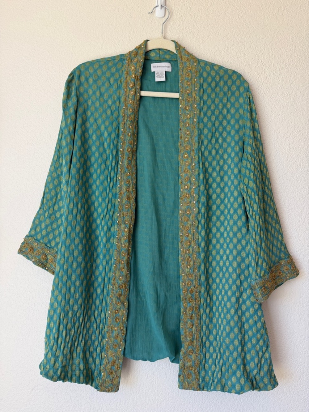 Soft Surroundings Silk Kimono Jacket Teal Gold Beaded Boho Festival Open L